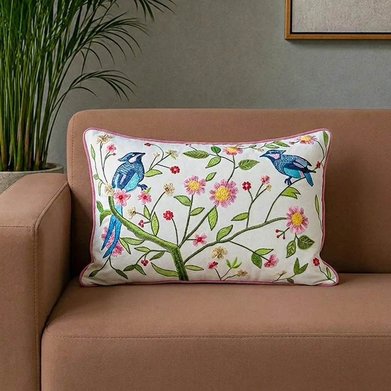 Bluebird Garden Embroidered Cotton Cushion Cover media 1