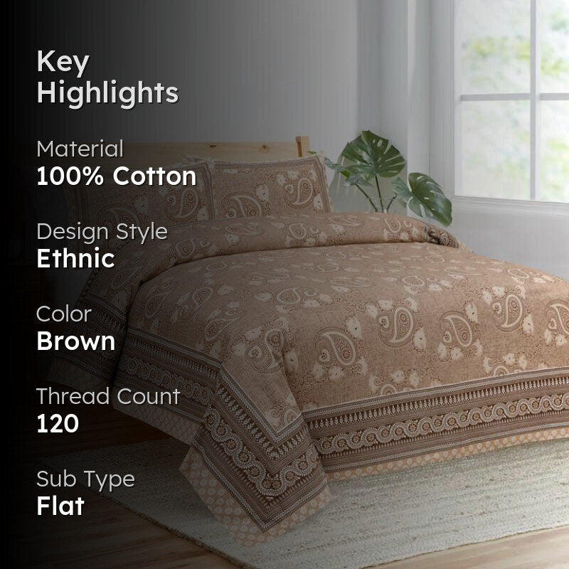 Petals & Paisleys Cotton Bedsheet (Brown) - 120 TC media 2