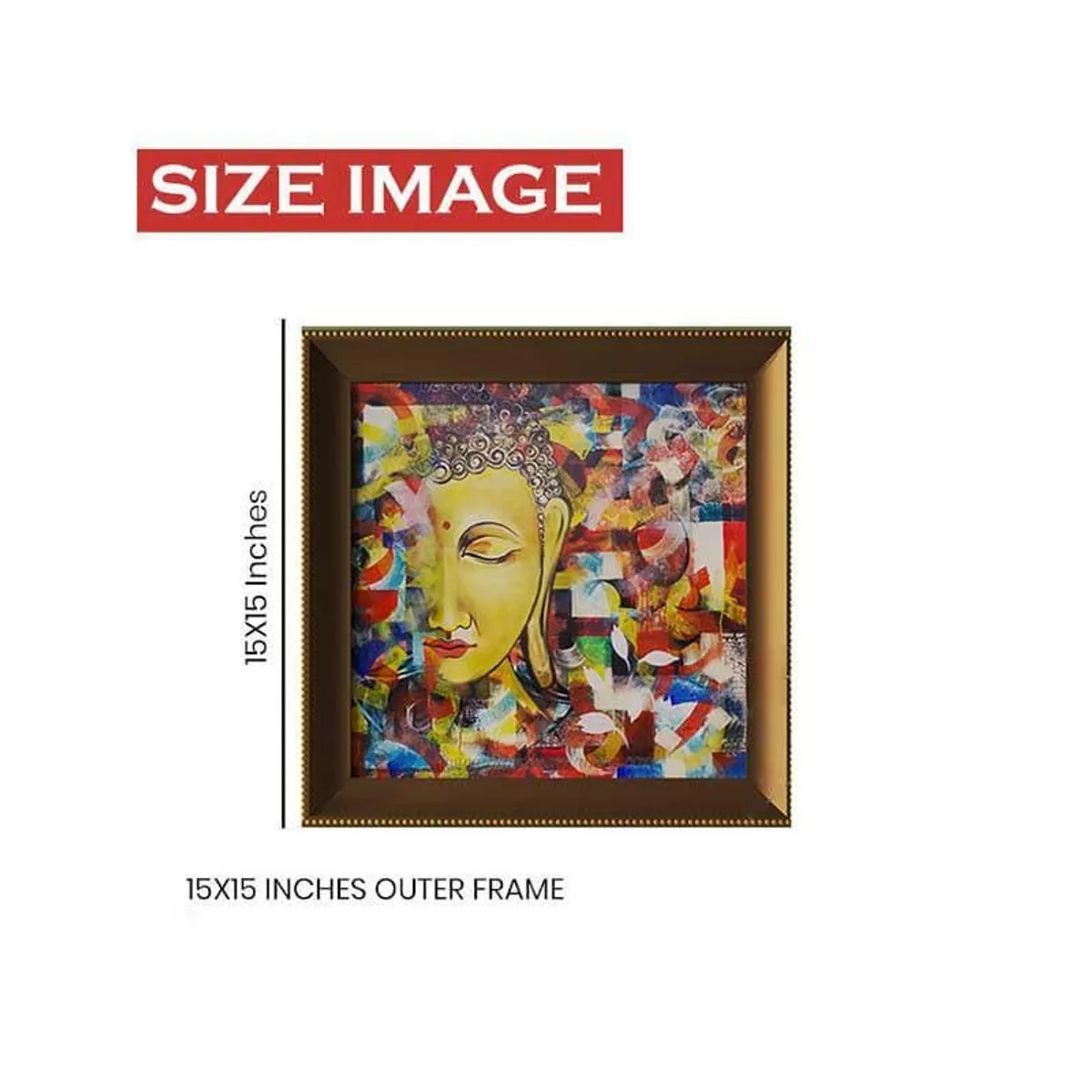 Framed Buddha wall art shown front-facing with measurement markers on a white background