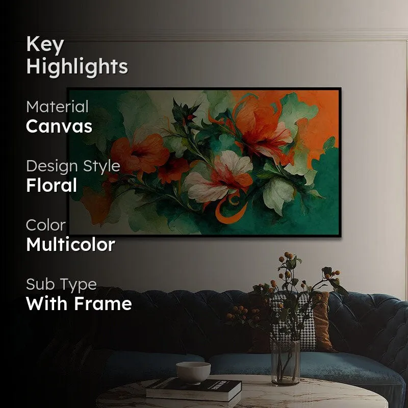 Verdant Flames Floral Canvas Wall Painting With Frame - Black media 2