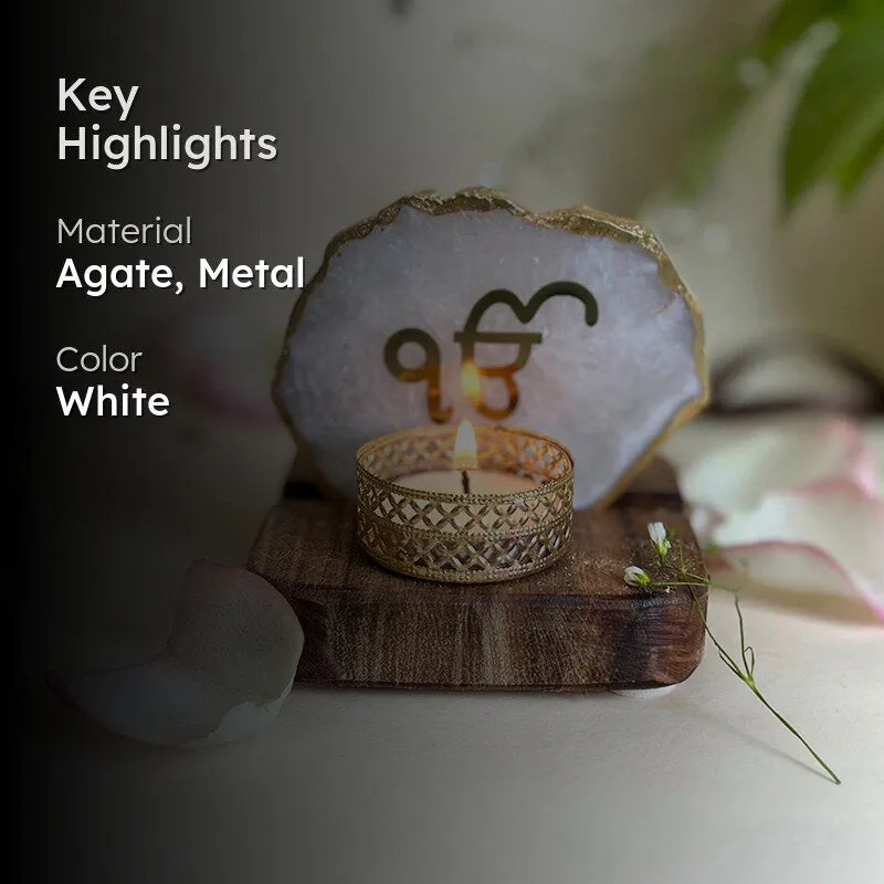 Ik Onkar Handcrafted Agate Religious Accent With Tealight Candle Holder - White media 2