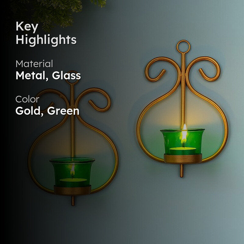 Seina Gold Frame Sconce Candle Holder (Green) - Set Of Two media 2