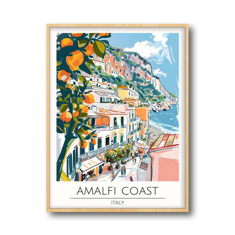 Vintage Amalfi Coast Framed Canvas Archival Canvas Wall Painting - Natural Brown Frame media 5