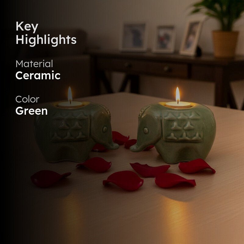 Ebony Elephant Ceramic Tea Light Candle Holders (Green) - Set Of Two media 2