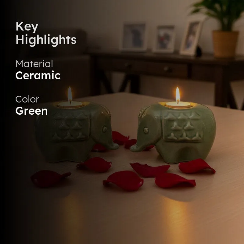Ebony Elephant Ceramic Tea Light Candle Holders (Green) - Set Of Two media 2