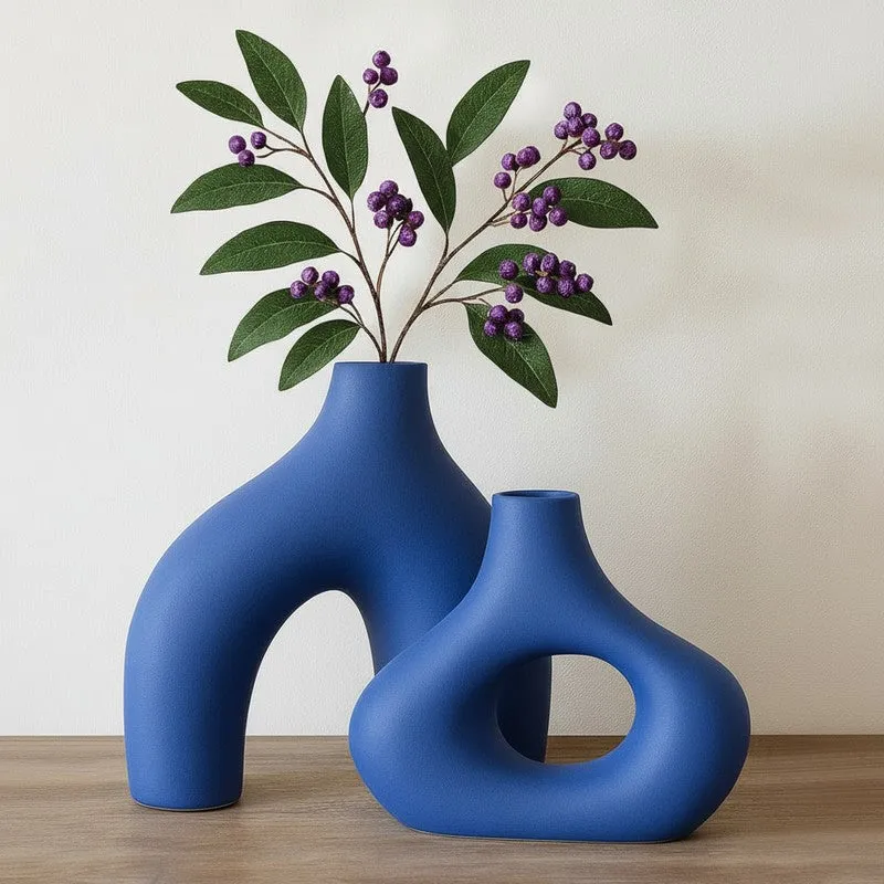 Noctra Sculptural Dual Ceramic Vase (Blue) - Set Of Two media 4