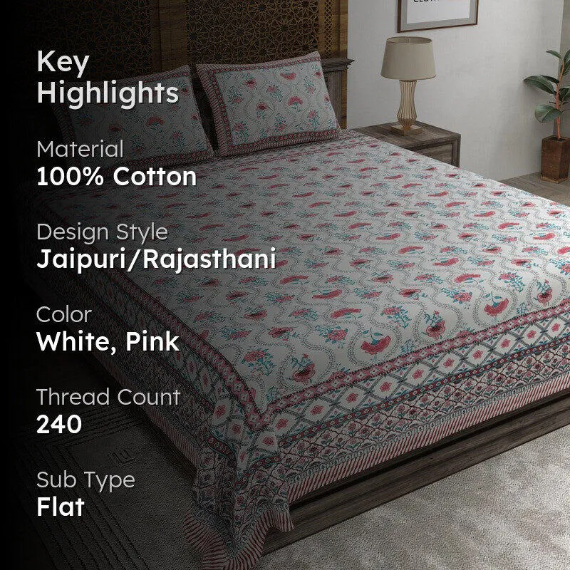 Blossomza Cotton Bedsheet (White,Pink) - 240 TC media 2