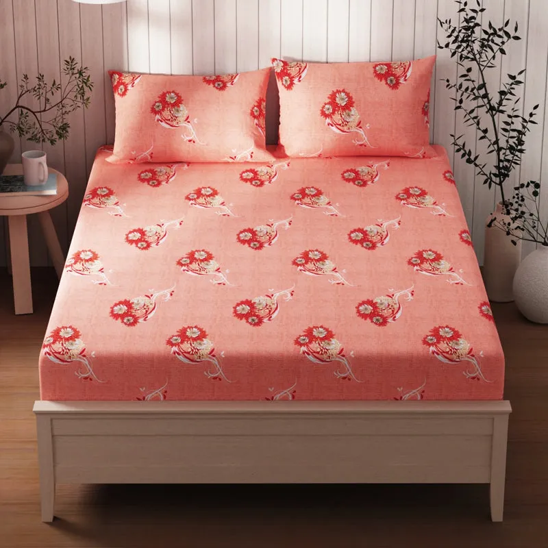 Lopez Flora Cotton Bedsheet (Coral) - 120 TC media 1