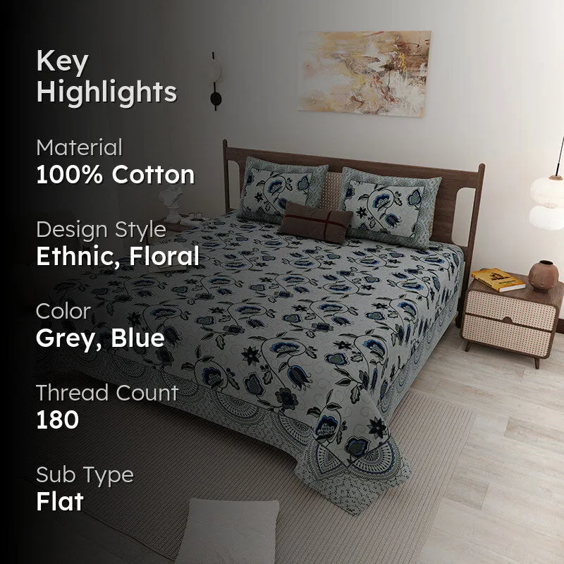 Aishaani Ethnic Cotton Bedsheet (Grey,Blue) - 180 TC media 2