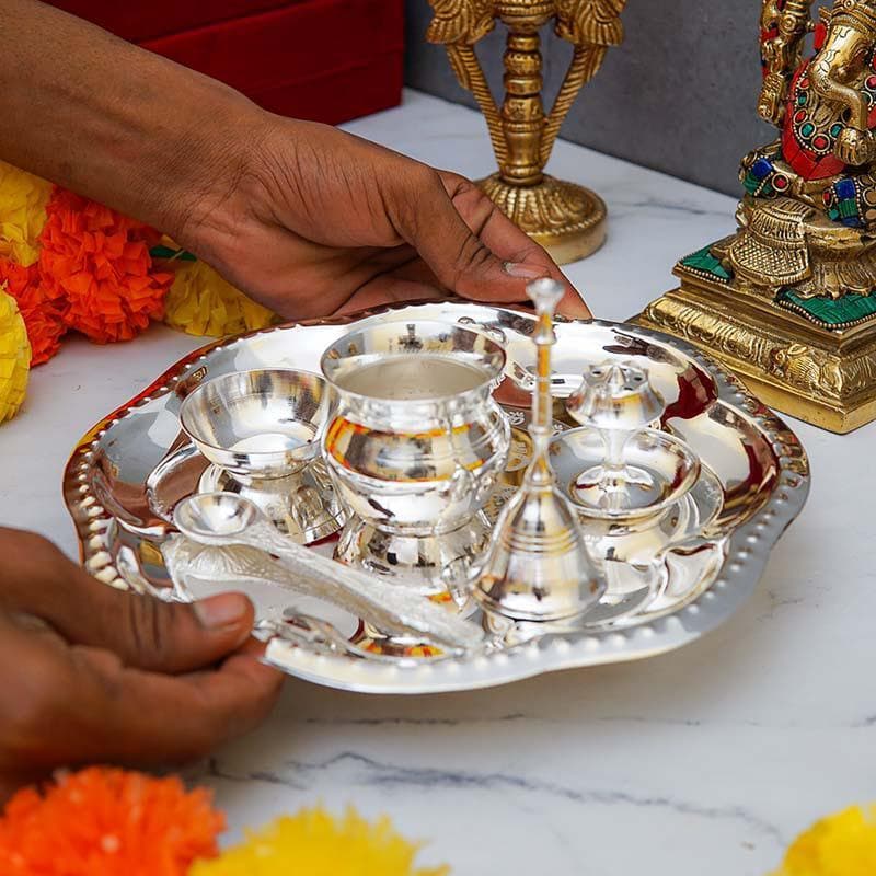 Shubh Pooja Floral Thaali - Silver media 3