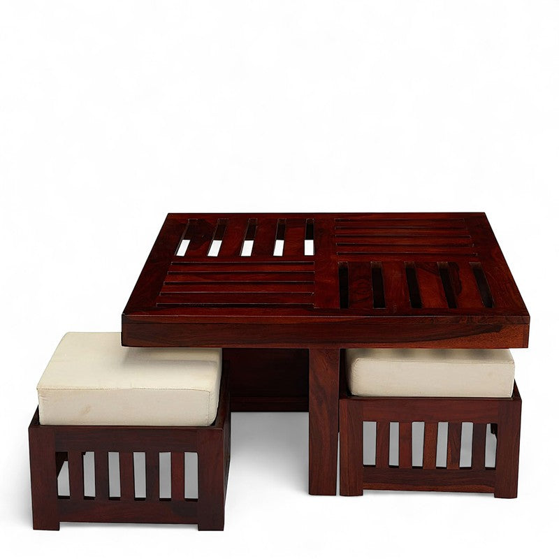 Gaviron Sheesham Wooden Center Table with Stools and Cushions (Red) - Nine Piece Set media 6