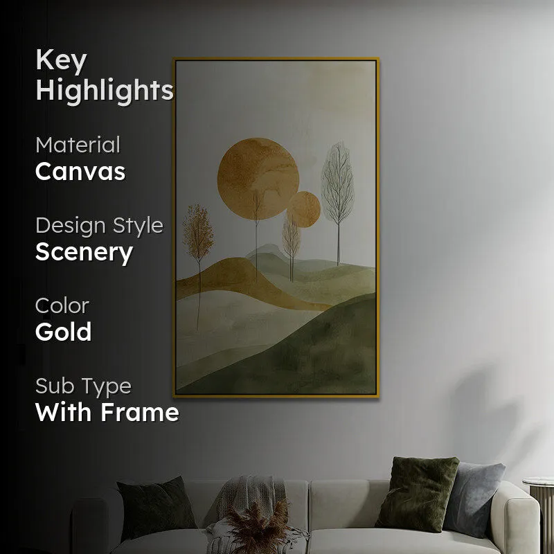 Ochre & Olive Hillside Landscape Canvas Wall Painting With Frame - Gold media 2