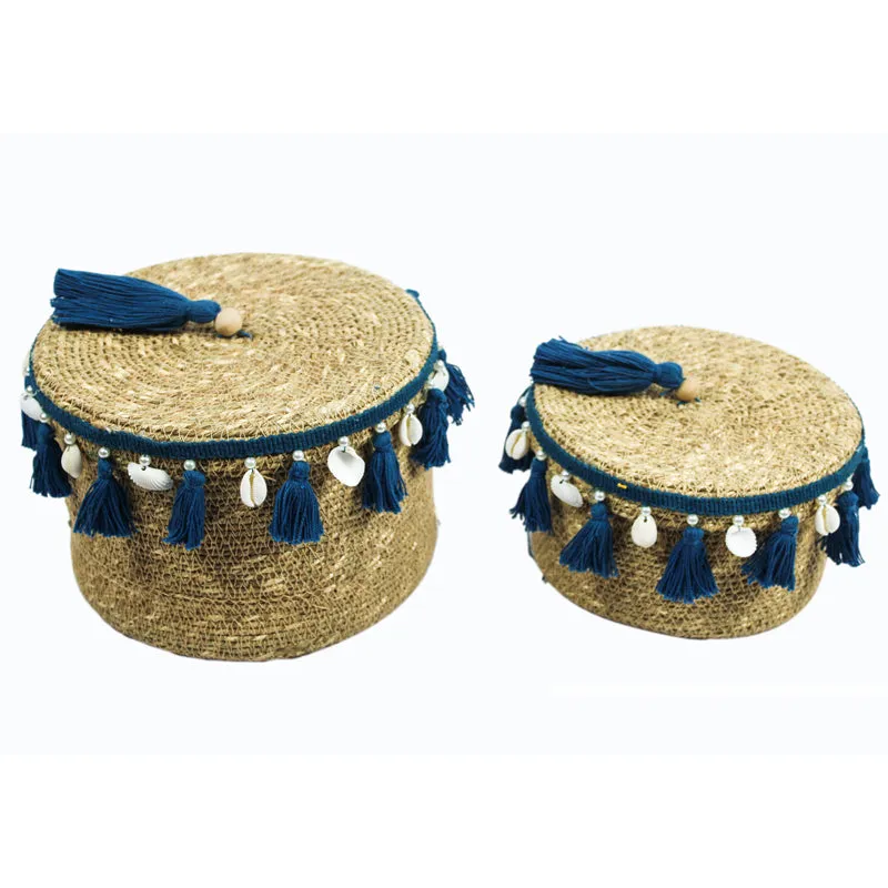 Nivasa Sea Grass Natural Fiber Storage Basket (Blue/Beige) - Set Of Two media 6