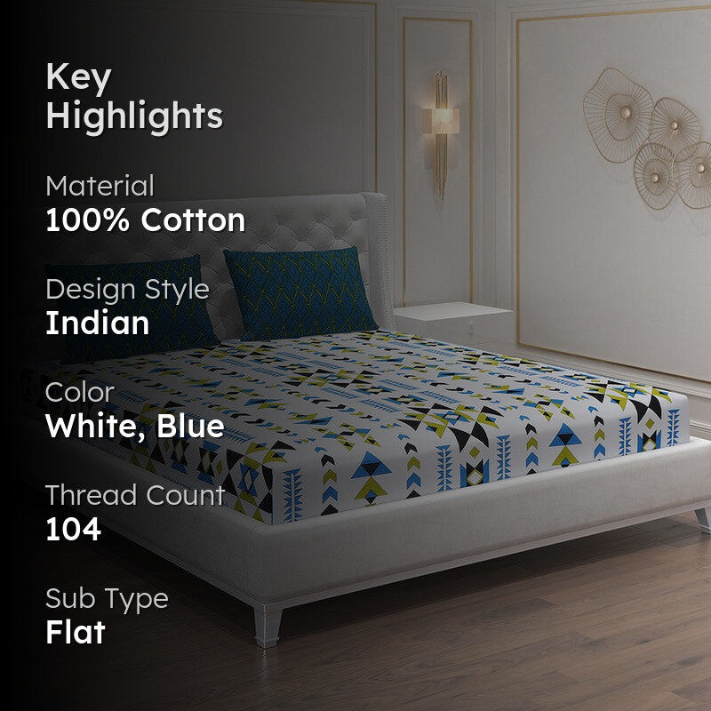 Monte Carlo Magique Angle Cotton Bedsheet (White,Blue) - 104 TC media 2