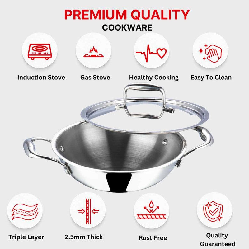 Vinod Orren Stainless Steel Kadhai With Lid- 1800 mL/12 Inches media 8