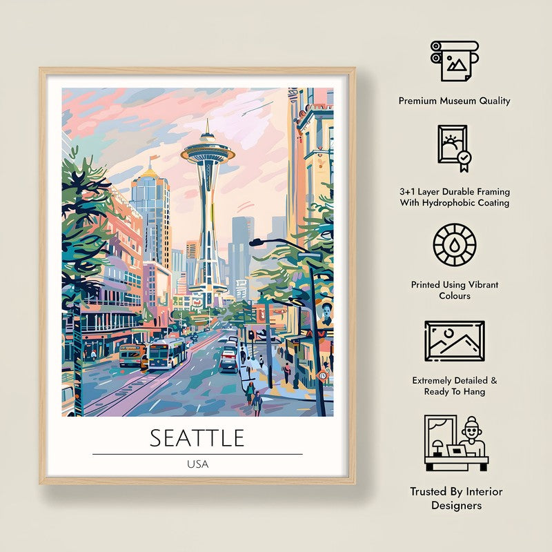 Vintage Seattle Framed Canvas Archival Canvas Wall Painting - Natural Brown Frame media 8