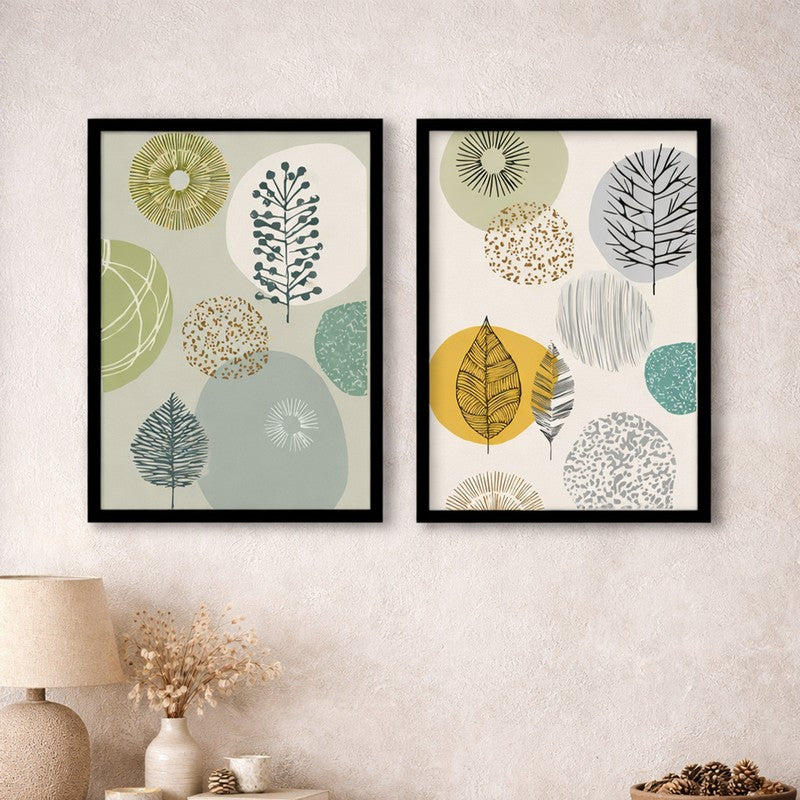 GeoLeaf Paper Wall Painting With MDF Frame - Set Of Two