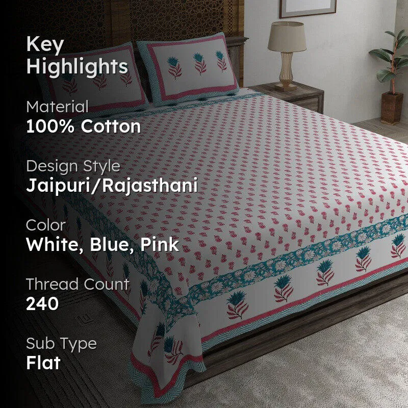 Gardena Cotton Bedsheet (White,Blue,Pink) - 240 TC media 2