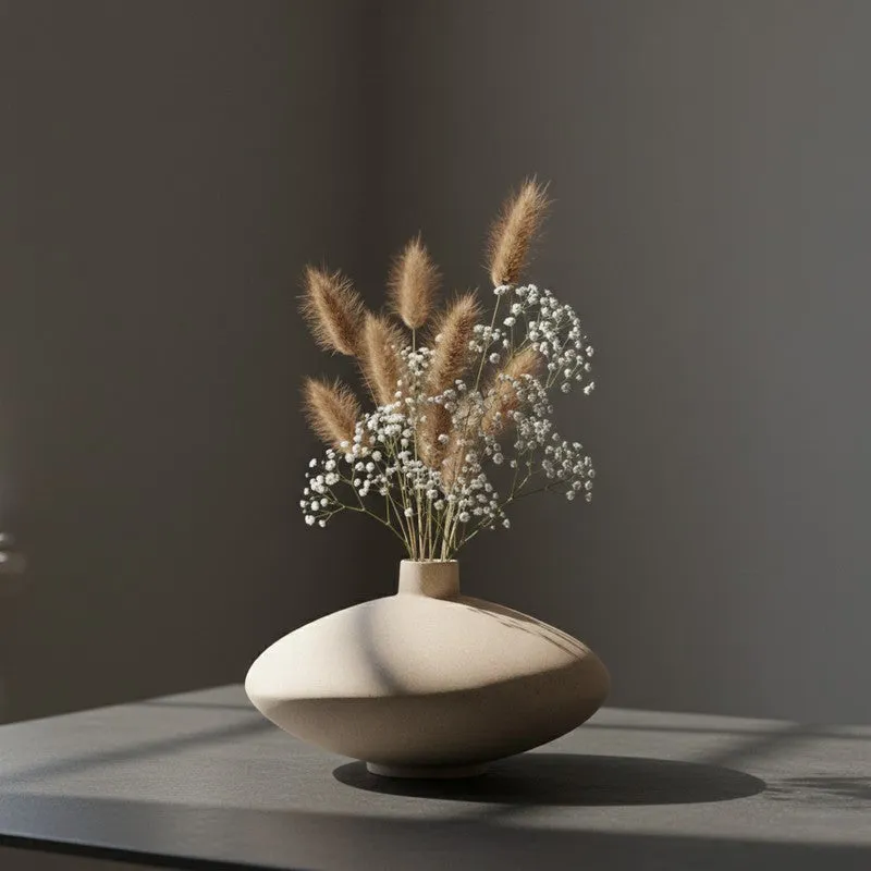 Ivory low bowl vase with dried stems on a dark tabletop