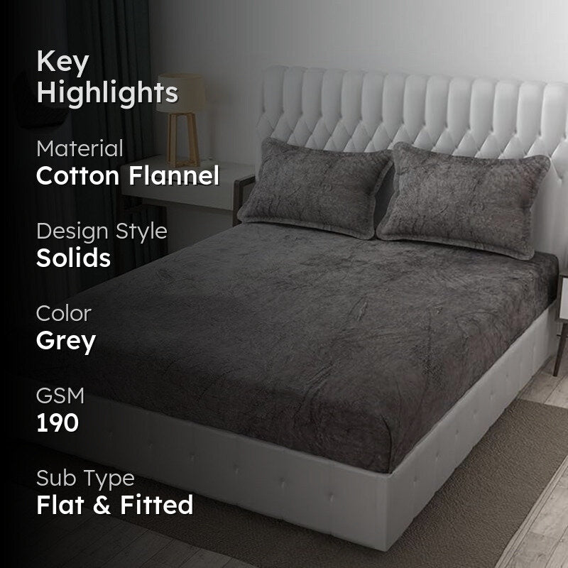 Sarva Solid Cotton Flannel Bedsheet (Grey) - 190 GSM media 2