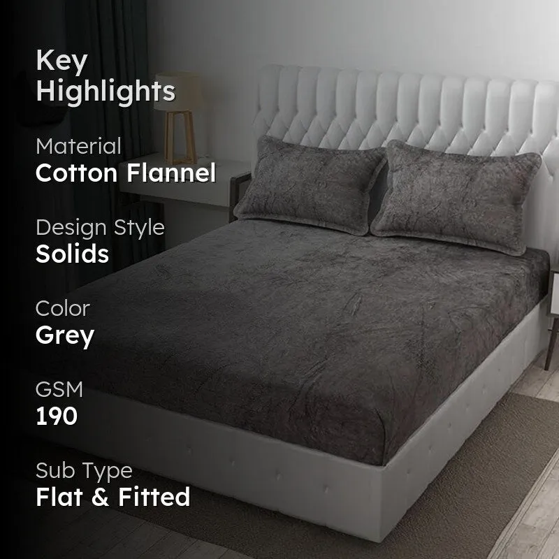 Sarva Solid Cotton Flannel Bedsheet (Grey) - 190 GSM media 2