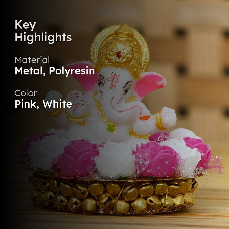 Lord Vinayak Pooja Tealight Candle Holder - White & Pink media 2