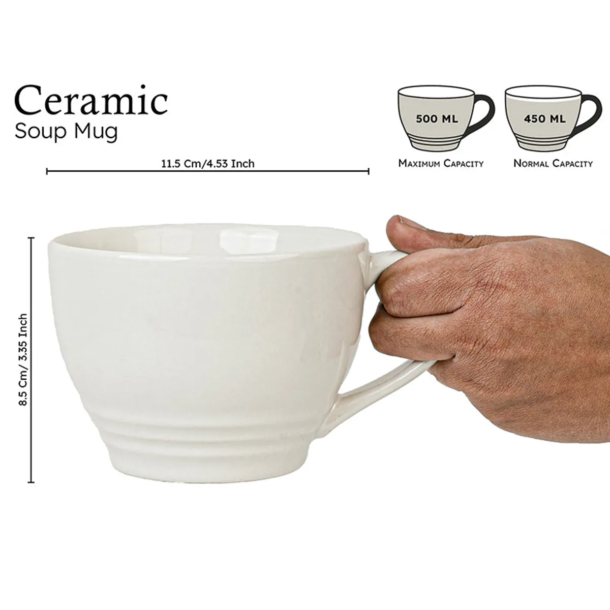 White ceramic mug shown beside a hand for a sense of scale