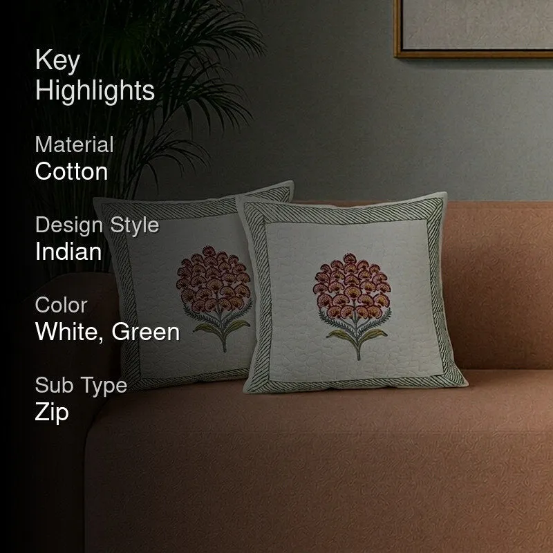 India Circus Fleur Haven Printed Cotton Cushion Cover (White & Green)- Set Of Two - 2