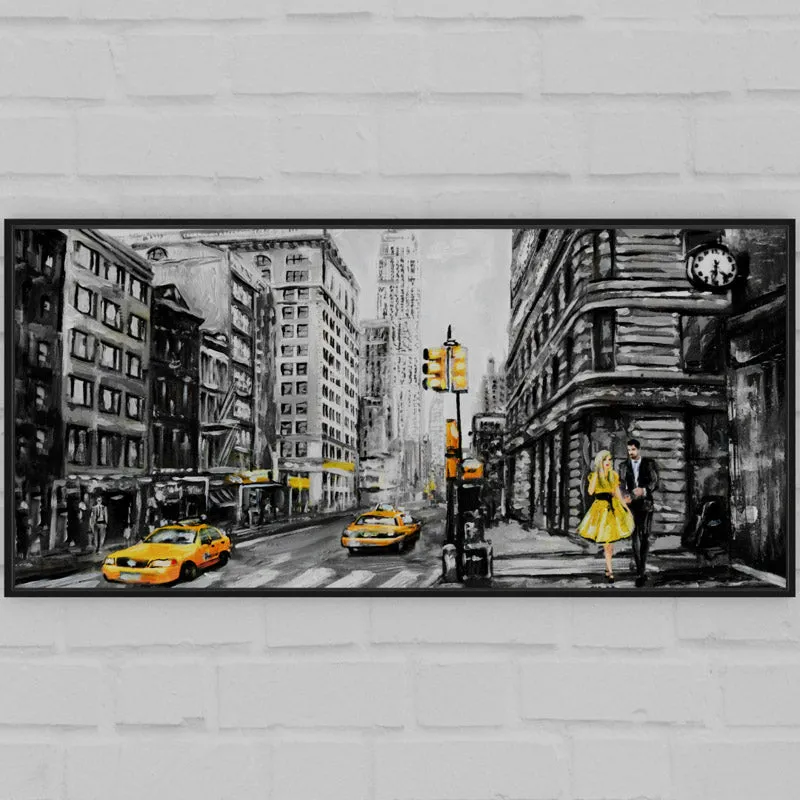 Rectangular framed cityscape painting with yellow taxis against a white brick wall