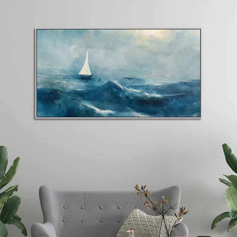 Solitude In Blue Landscape Canvas Wall Painting With Frame - White media 3