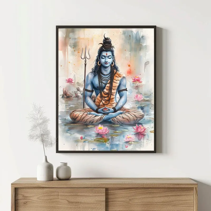 Adiyogi Shankara Spiritual Archival Paper Wall Painting With Frame - Black media 1