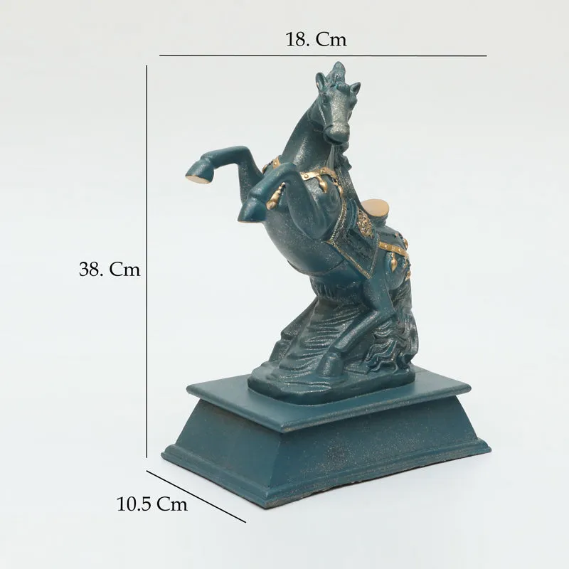Angled view of a grey horse showpiece with dimension guide lines overlay