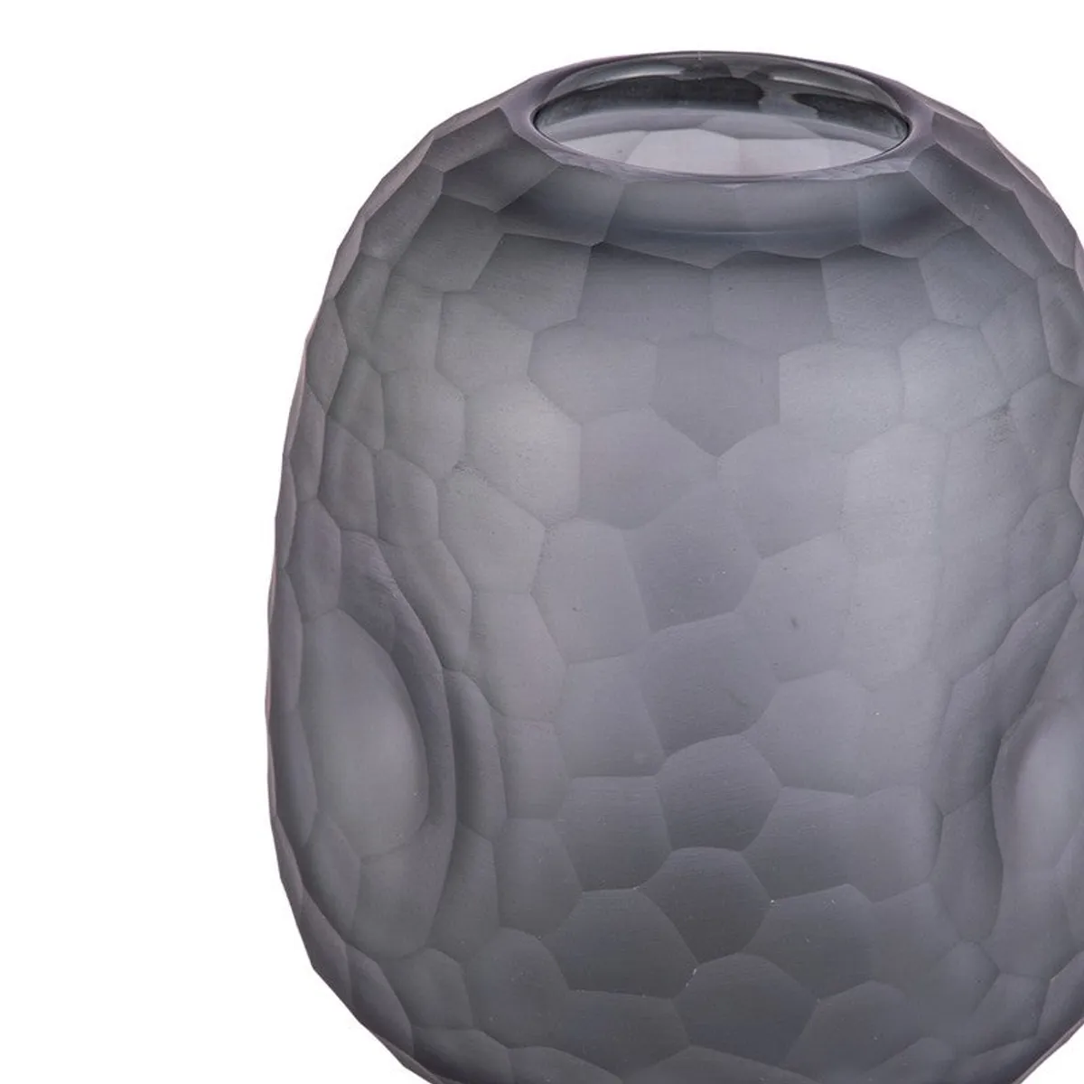 Close-up of the upper body and rim of the smoky grey glass vase