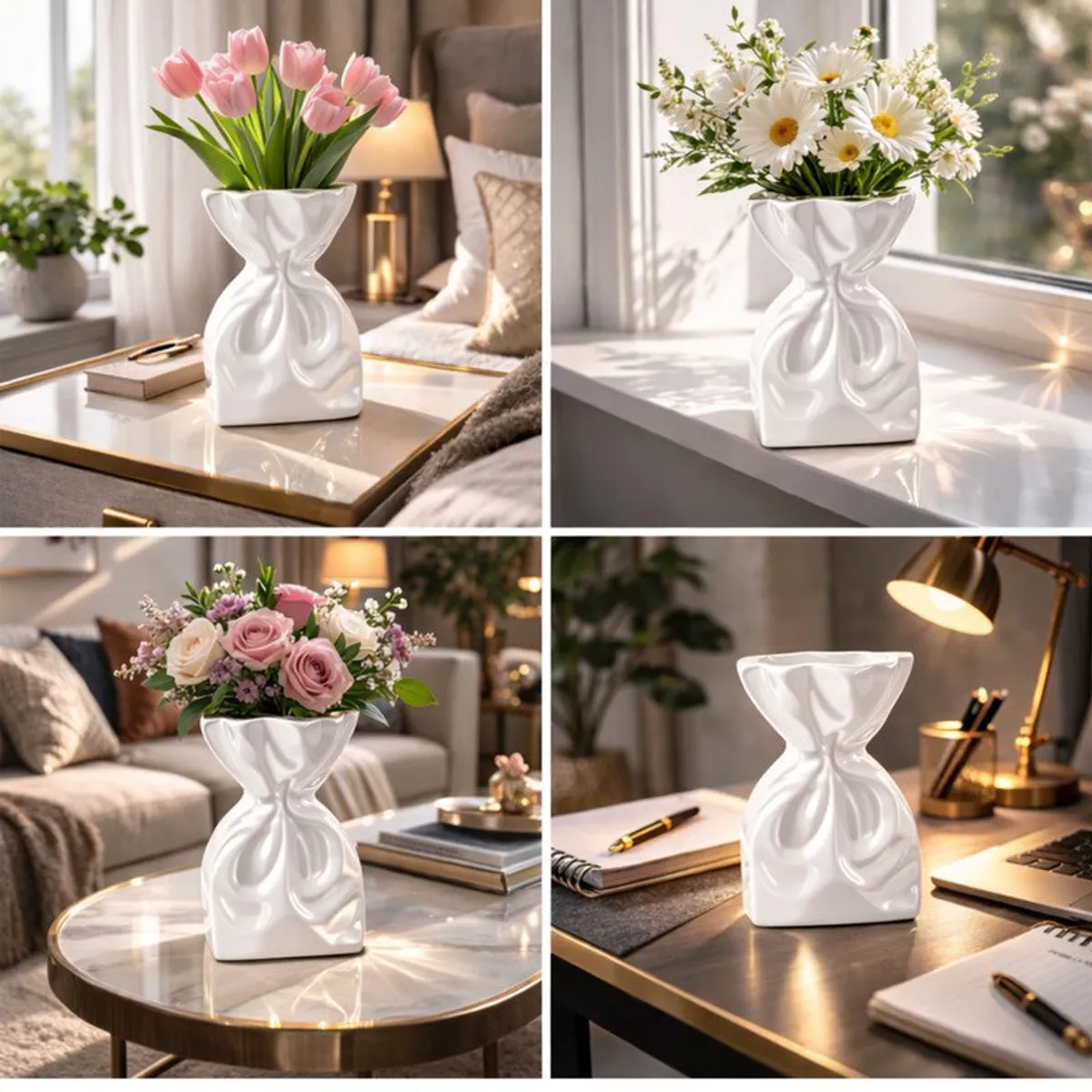 Collage showing the white sculptural vase styled with flowers in different room settings