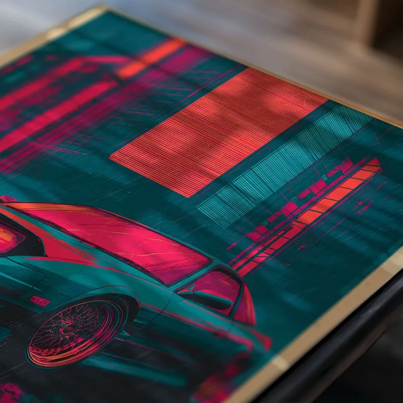 Close-up of neon-toned car poster with teal and pink hues