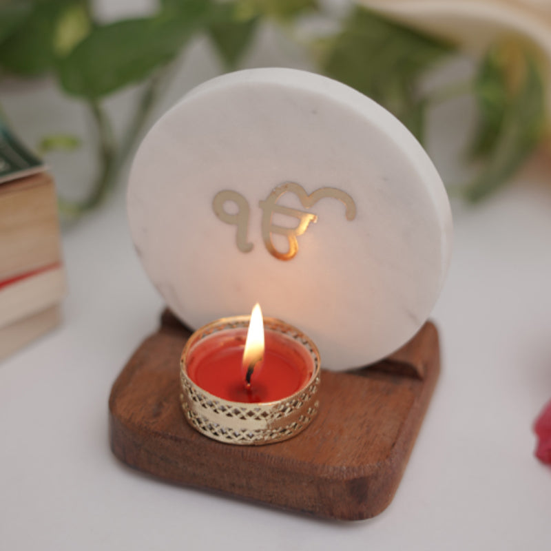 Ik Onkar Marble Religious Accent With Tealight Candle Holder