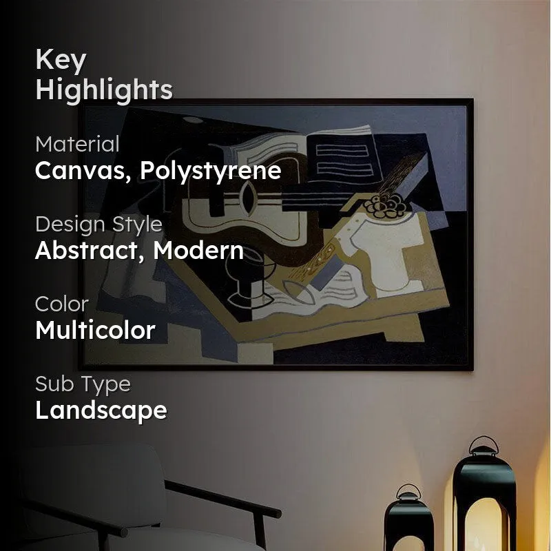 Lifestyle view of framed abstract musical wall art in a living room setting