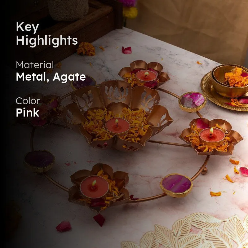 Crystal Lotus Metal & Agate Tea Ligh Holder - Pink media 2
