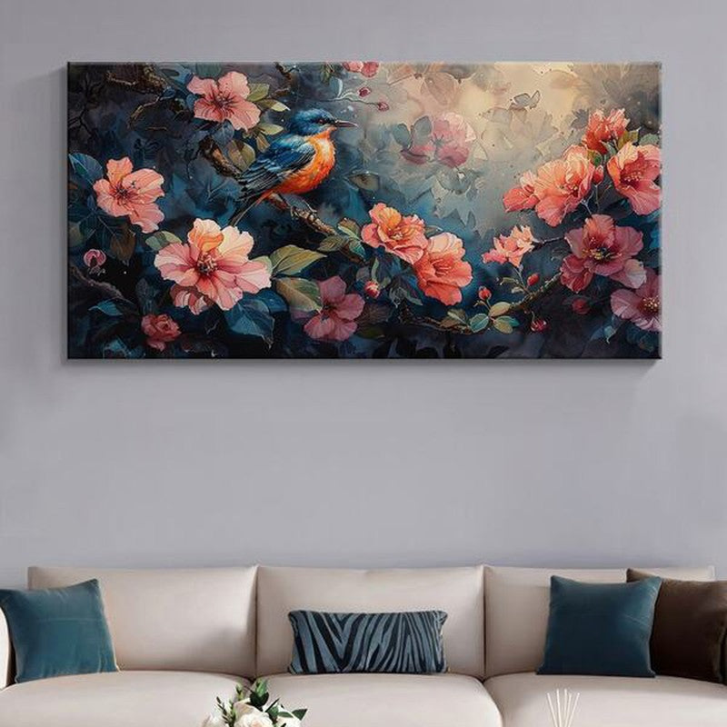 Spirited Floral And Bird Wall Painting