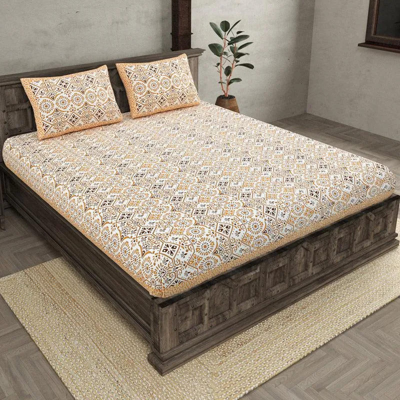 Madhuprerna Printed Cotton Bedsheet (Yellow) - 160 TC media 1