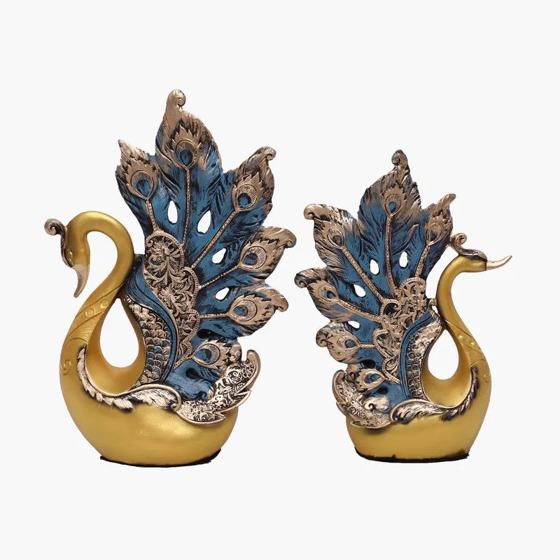 Regal Peacock Polyresin Showpiece (Gold) - Set Of Two media 4