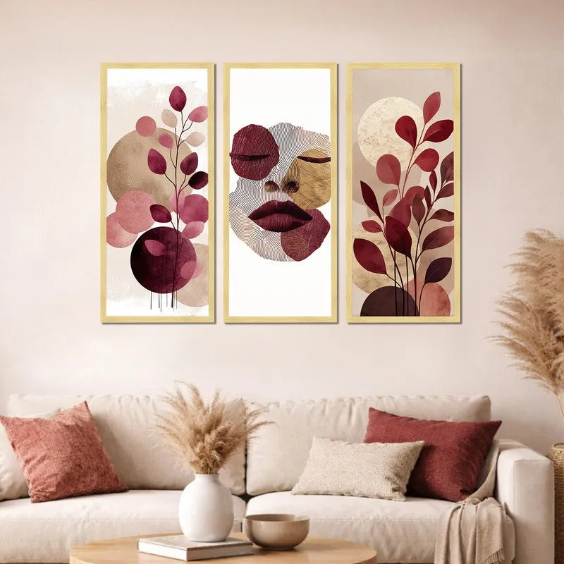 Framed maroon and beige abstract wall art set styled above a cream sofa