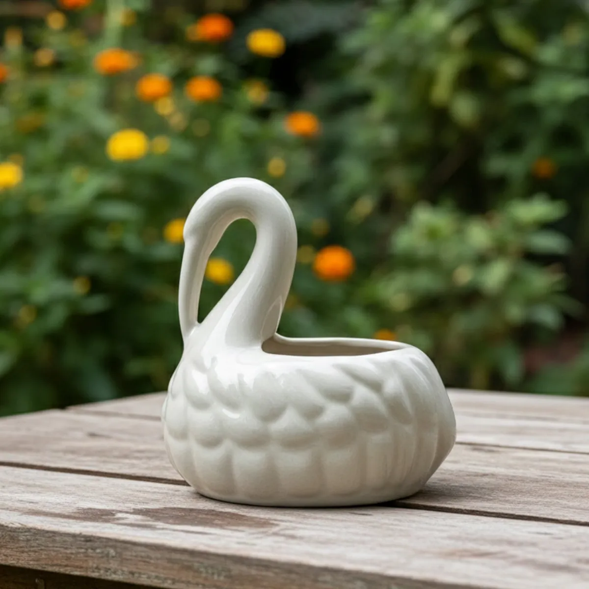 White swan-shaped ceramic vase on a wooden tabletop against blurred greenery