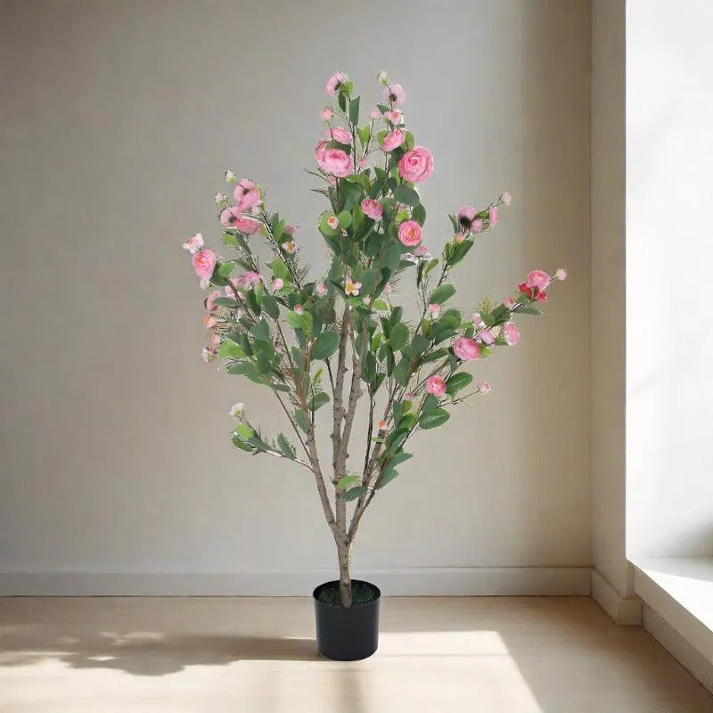 Faux Minio Camelia Rose Plant With Black Plastic Pot (3.94 ft) - Light Pink media 4
