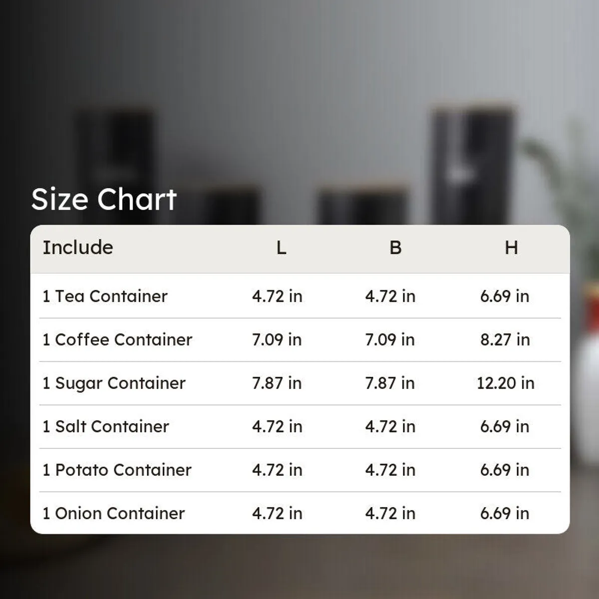 Black kitchen containers softly blurred behind a size chart.