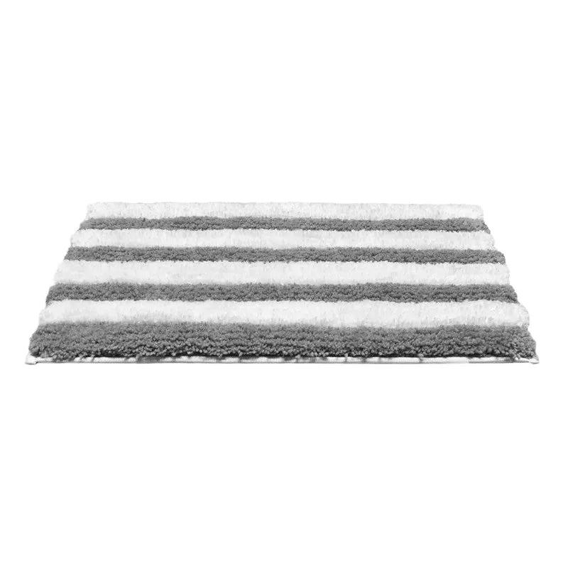 Front view of a rectangular grey and white striped bath mat