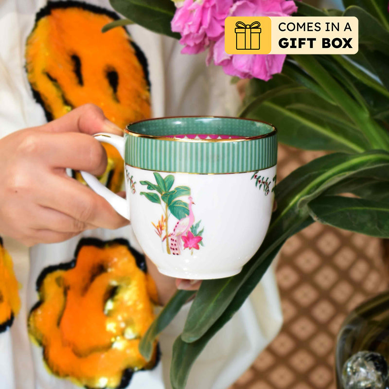 Gilded Mayura Pete 24k Gold Brushed Porcelain Coffee Mug (300 mL Each) - Set Of Six