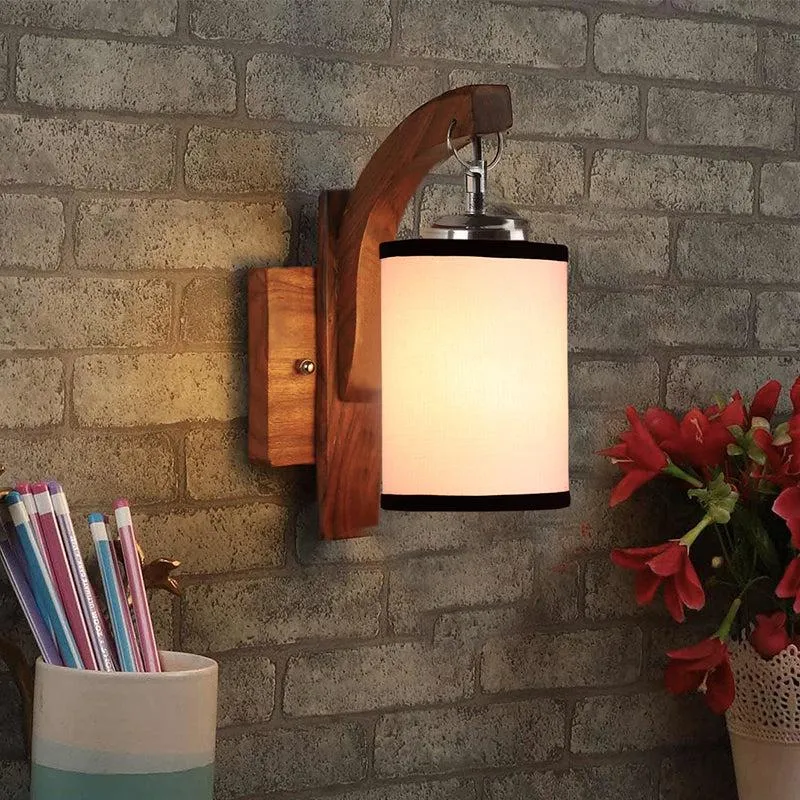 Forma Cylindrical Fabric & Wooden Wall Lamp - White & Black media 1