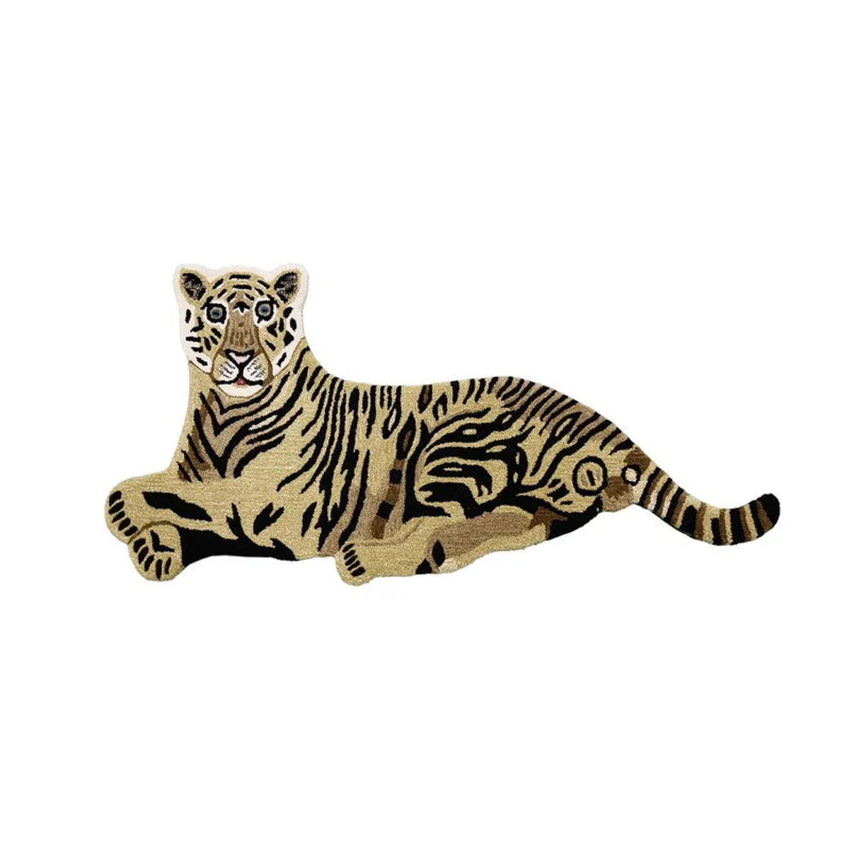 Tiger-shaped carpet in black, beige and gold with a freeform silhouette