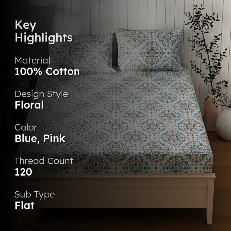 Lopez Cotton Bedsheet (Blue, Pink) - 120 TC media 2